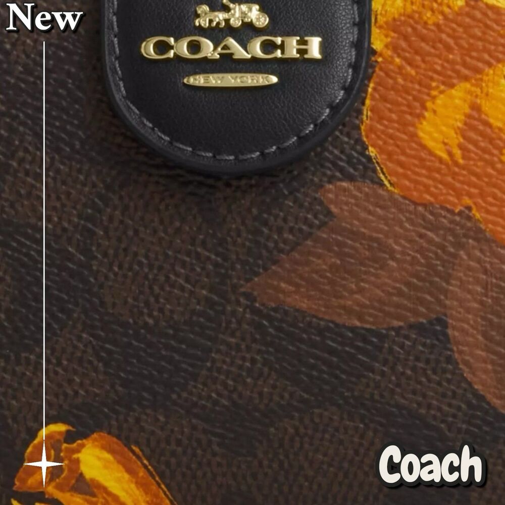 🔴New NWT Coach Medium Corner Zip Wallet Signature Canvas with Floral Print Gold - Picture 3 of 7